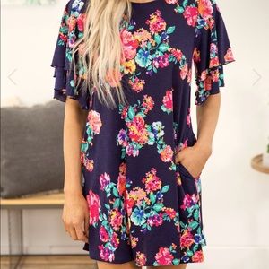 SHOP LA - Navy Flutter Sleeve Floral Dress with Pockets